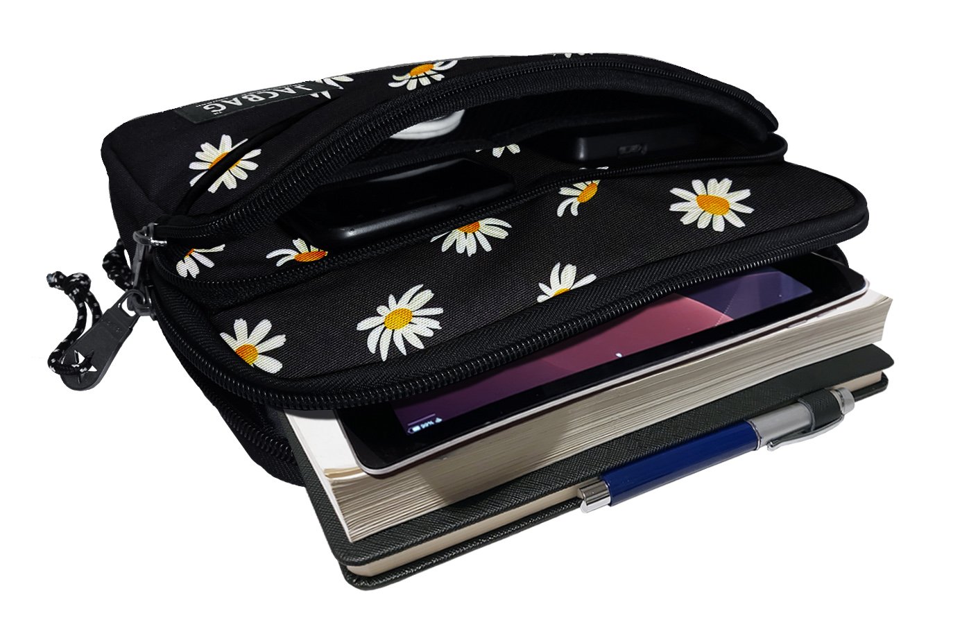 Jacbag İki Bölmeli Fermuarlı  Cepli Tablet Çantası Cepli Tablet-Papatya